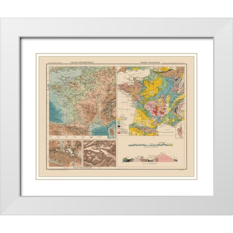 Hypsometric Geological France - Schrader 1908 White Modern Wood Framed Art Print with Double Matting by Schrader