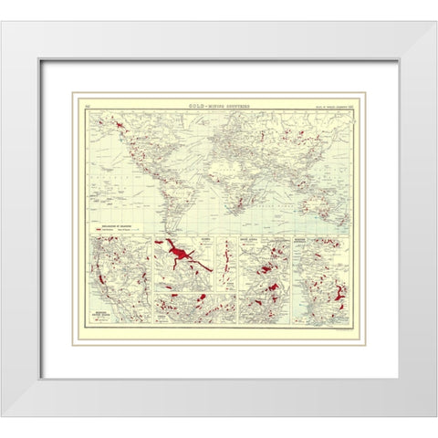 Global Gold Mining Countries - Bartholomew 1907 White Modern Wood Framed Art Print with Double Matting by Bartholomew