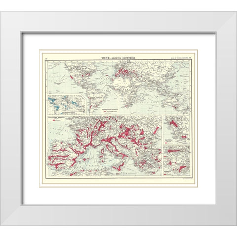 Global Wine Growing Countries - Bartholomew 1907 White Modern Wood Framed Art Print with Double Matting by Bartholomew