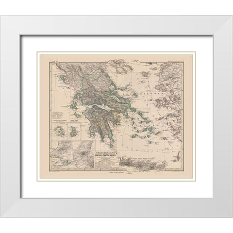 Greece - Stieler  1885 White Modern Wood Framed Art Print with Double Matting by Stieler