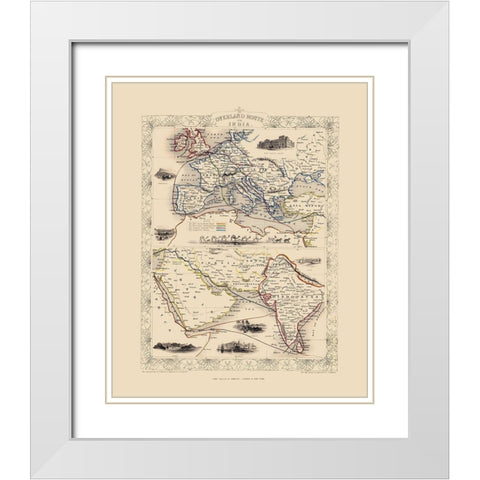 Overland Route To India - Tallis 1851 White Modern Wood Framed Art Print with Double Matting by Tallis