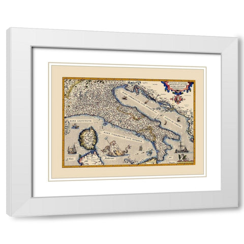 Italy - Ortelius 1570 White Modern Wood Framed Art Print with Double Matting by Ortelius
