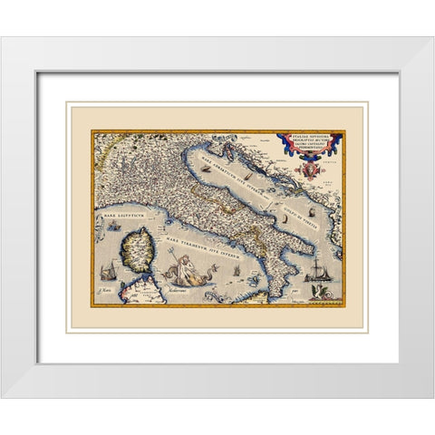 Italy - Ortelius 1570 White Modern Wood Framed Art Print with Double Matting by Ortelius