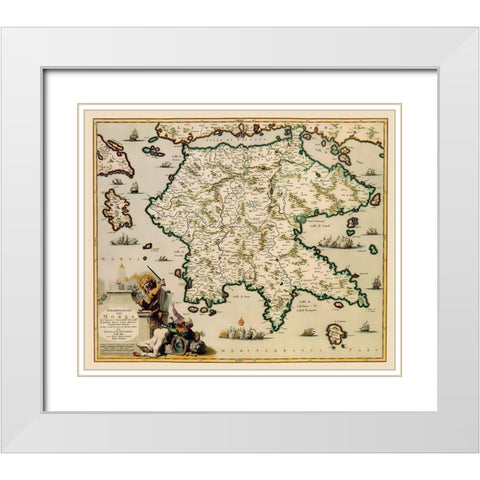 Peloponnese Peninsula Greece - Visscher 1681 White Modern Wood Framed Art Print with Double Matting by Visscher