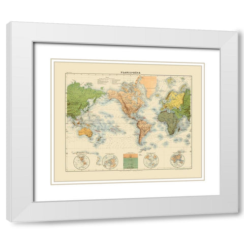 Planisphere - Jouvet 1882 White Modern Wood Framed Art Print with Double Matting by Jouvet