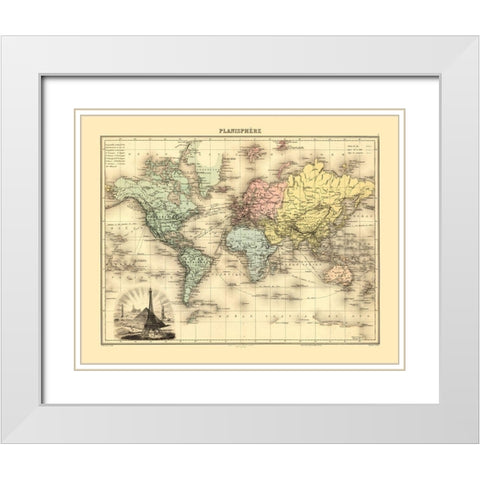 Planisphere - Migeon 1892 White Modern Wood Framed Art Print with Double Matting by Migeon