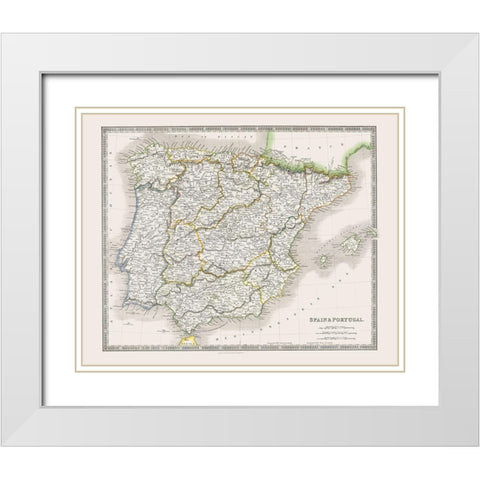 Spain Portugal - Dower 1844 White Modern Wood Framed Art Print with Double Matting by Dower