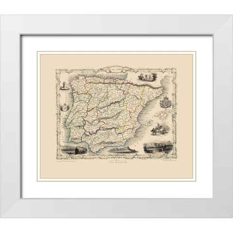 Spain Portugal - Tallis 1851 White Modern Wood Framed Art Print with Double Matting by Tallis