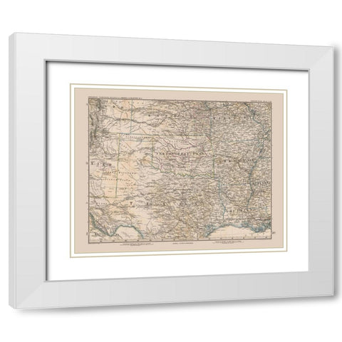 South Central United States - Stieler 1885 White Modern Wood Framed Art Print with Double Matting by Stieler