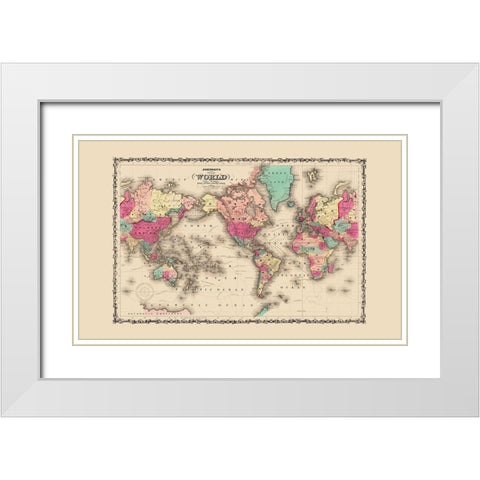 Mercator Projection - Johnson 1860 White Modern Wood Framed Art Print with Double Matting by Johnson