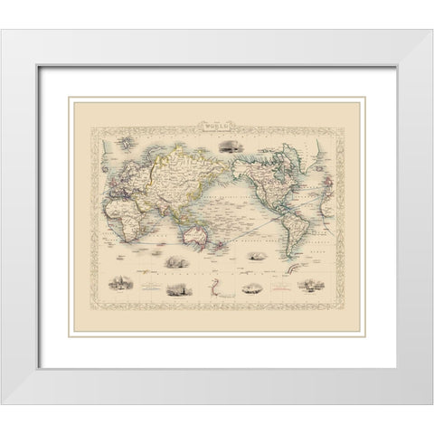 Mercator Projection - Tallis 1851 White Modern Wood Framed Art Print with Double Matting by Tallis