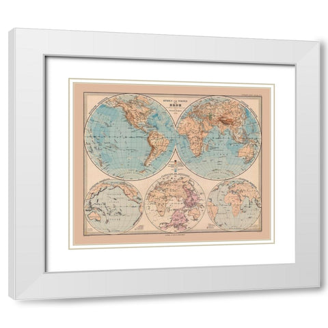Hemispheres of Earth - Stieler 1885 White Modern Wood Framed Art Print with Double Matting by Stieler