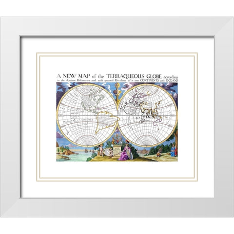 Terraqueous Globe White Modern Wood Framed Art Print with Double Matting by Unknown