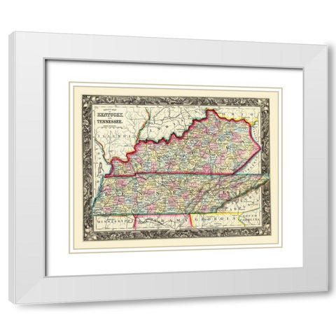 Kentucky, Tennessee Counties - Mitchell 1860 White Modern Wood Framed Art Print with Double Matting by Mitchell