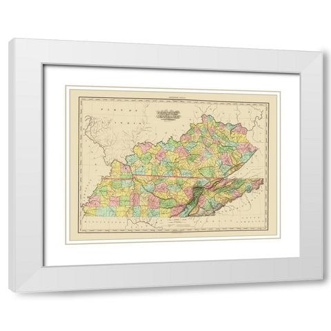 Kentucky, Tennessee Counties - Tanner 1825 White Modern Wood Framed Art Print with Double Matting by Tanner