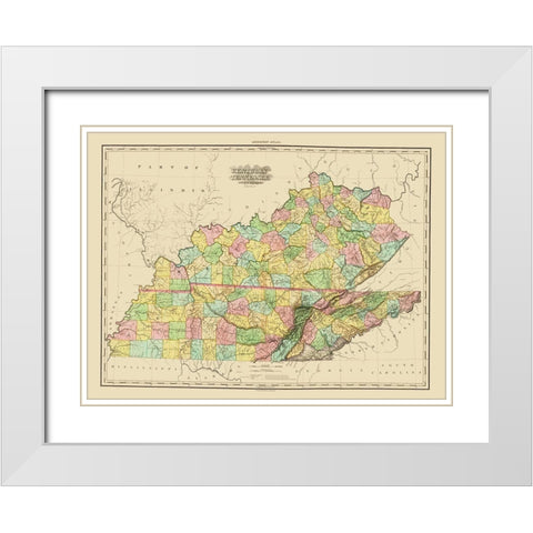 Kentucky, Tennessee Counties - Tanner 1825 White Modern Wood Framed Art Print with Double Matting by Tanner