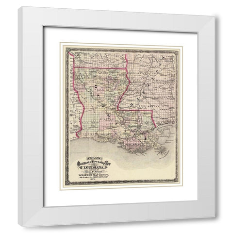 Louisiana Railroad and Townships - Cram 1875 White Modern Wood Framed Art Print with Double Matting by Cram