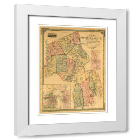 Bristol County Massachusetts - Walling 1852 White Modern Wood Framed Art Print with Double Matting by Walling