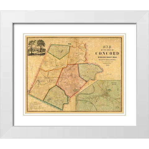 Concord Massachusetts - Walling 1852  White Modern Wood Framed Art Print with Double Matting by Walling