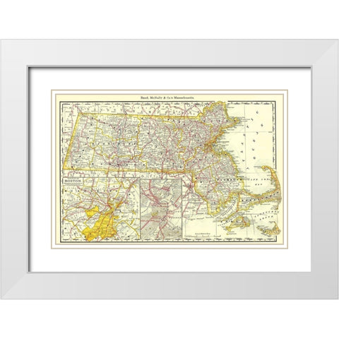 Massachusetts - Rand McNally 1879 White Modern Wood Framed Art Print with Double Matting by Rand McNally