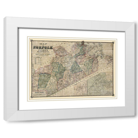 Norfolk County Massachusetts - Walling 1853 White Modern Wood Framed Art Print with Double Matting by Walling