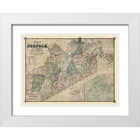 Norfolk County Massachusetts - Walling 1853 White Modern Wood Framed Art Print with Double Matting by Walling