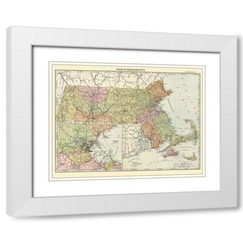 Massachusetts - Rand McNally 1890 White Modern Wood Framed Art Print with Double Matting by Rand McNally
