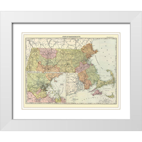 Massachusetts - Rand McNally 1890 White Modern Wood Framed Art Print with Double Matting by Rand McNally
