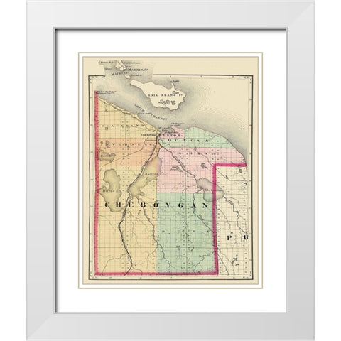 Cheboygan Michigan - Walling 1873 White Modern Wood Framed Art Print with Double Matting by Walling
