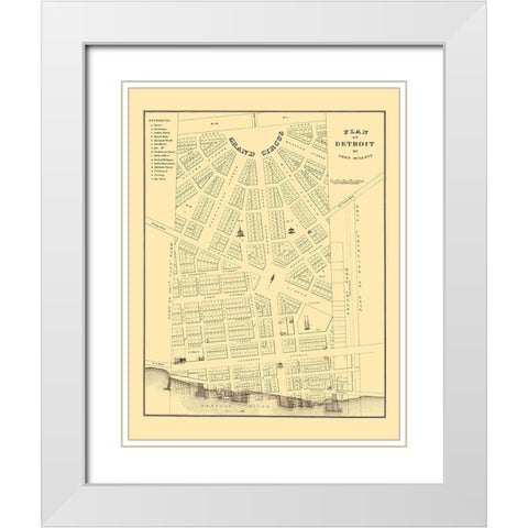Detroit Michigan Plan - Mullet 1830 White Modern Wood Framed Art Print with Double Matting by Mullet