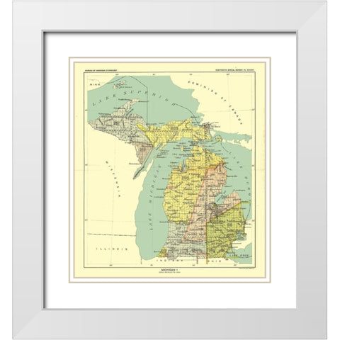 Michigan - Hoen 1896 White Modern Wood Framed Art Print with Double Matting by Hoen
