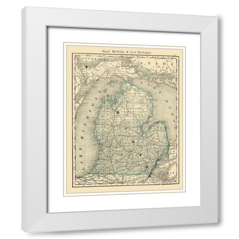 Michigan - Rand McNally 1879 White Modern Wood Framed Art Print with Double Matting by Rand McNally