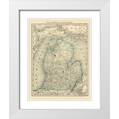 Michigan - Rand McNally 1879 White Modern Wood Framed Art Print with Double Matting by Rand McNally