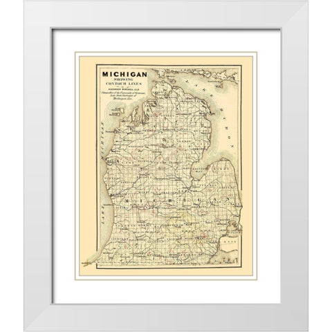 Michigan Lower Peninsula - Tackabury 1873 White Modern Wood Framed Art Print with Double Matting by Tackabury
