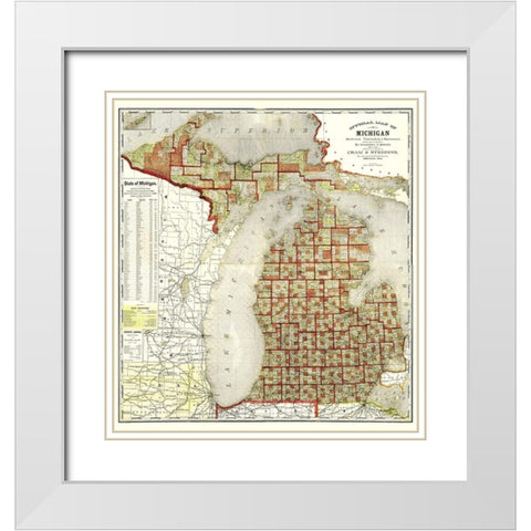 Michigan - Cram 1885 White Modern Wood Framed Art Print with Double Matting by Cram