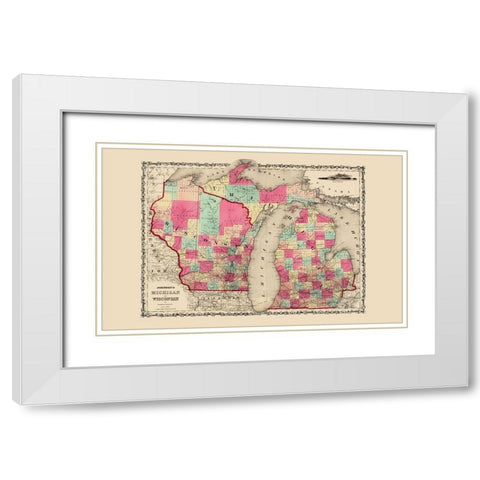 Michigan, Wisconsin - Johnson 1860 White Modern Wood Framed Art Print with Double Matting by Johnson