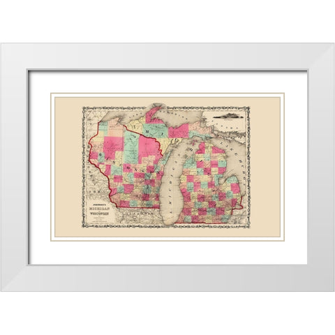 Michigan, Wisconsin - Johnson 1860 White Modern Wood Framed Art Print with Double Matting by Johnson