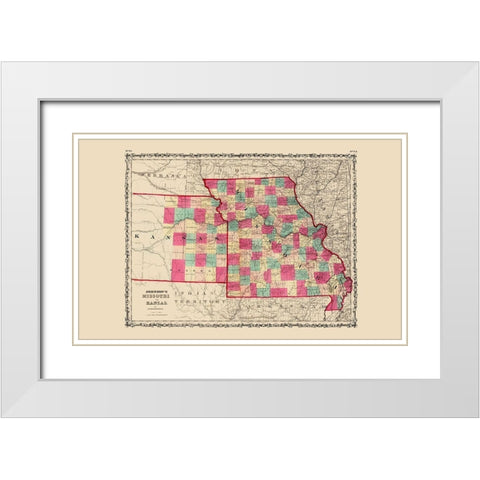 Missouri, Kansas - Johnson 1860 White Modern Wood Framed Art Print with Double Matting by Johnson