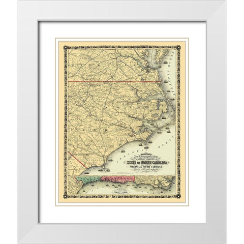 North Carolina, Eastern Portion - Colton 1861 White Modern Wood Framed Art Print with Double Matting by Colton