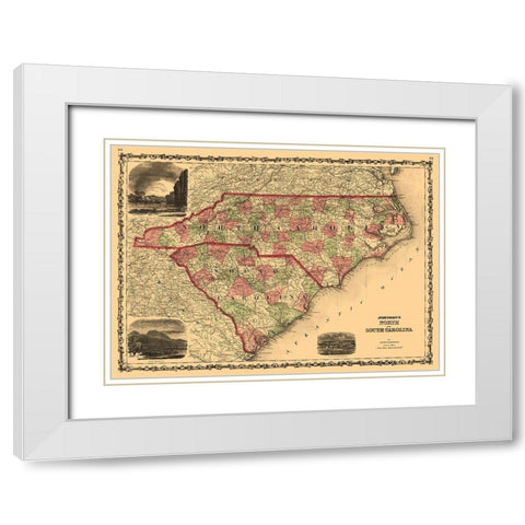 North Carolina South Carolina - Johnson 1861  White Modern Wood Framed Art Print with Double Matting by Johnson