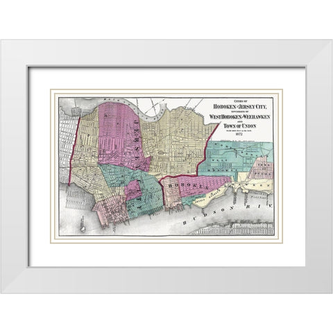 Hoboken, Jersey City New Jersey - Beers 1872 White Modern Wood Framed Art Print with Double Matting by Beers