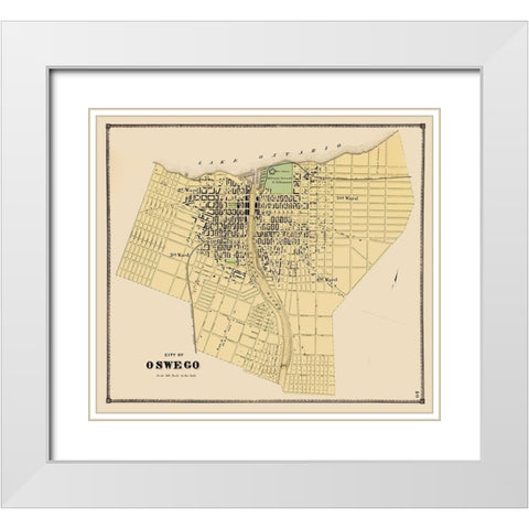 Oswego New York Plat - Stone 1866 White Modern Wood Framed Art Print with Double Matting by Stone