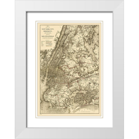 New York City, Brooklyn Elevated Railroad 1885 White Modern Wood Framed Art Print with Double Matting by Colton
