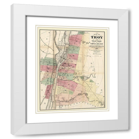 Troy New York - Walling 1874  White Modern Wood Framed Art Print with Double Matting by Walling