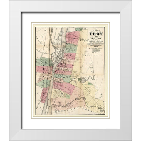 Troy New York - Walling 1874  White Modern Wood Framed Art Print with Double Matting by Walling