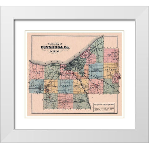 Cuyahoga Ohio Outline - 1876 White Modern Wood Framed Art Print with Double Matting by Unknown