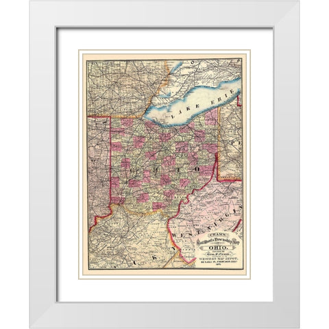 Ohio Railroads and Townships - Cram 1875 White Modern Wood Framed Art Print with Double Matting by Cram