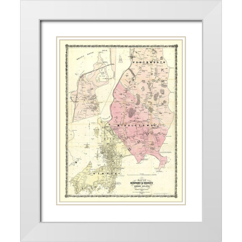 Newport Rhode Island - Dripps 1870  White Modern Wood Framed Art Print with Double Matting by Dripps