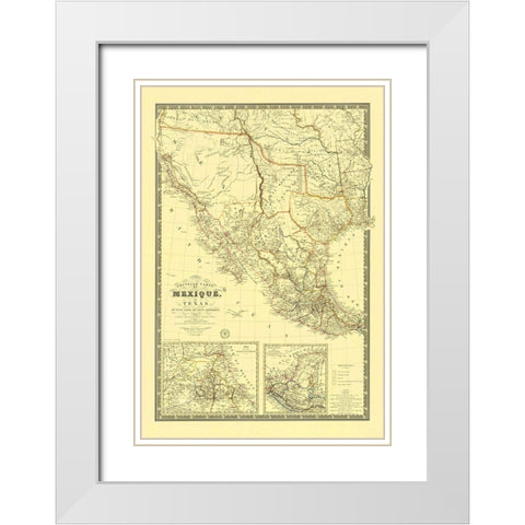 New Map of Mexico and Texas - 1840 White Modern Wood Framed Art Print with Double Matting by Unknown