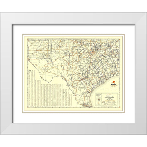 Texas Road Map from Magnolia Petro 1933 White Modern Wood Framed Art Print with Double Matting by General Drafting